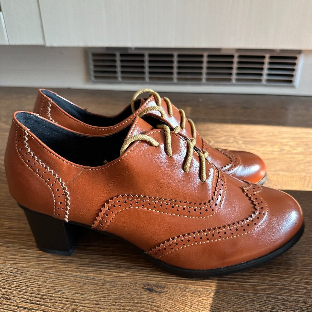 BNIB Odema Brown Brogue Lace Up‎ Oxford Tip Chunky Heels Leather Shoes - Size 8 - Picture 2 of 9